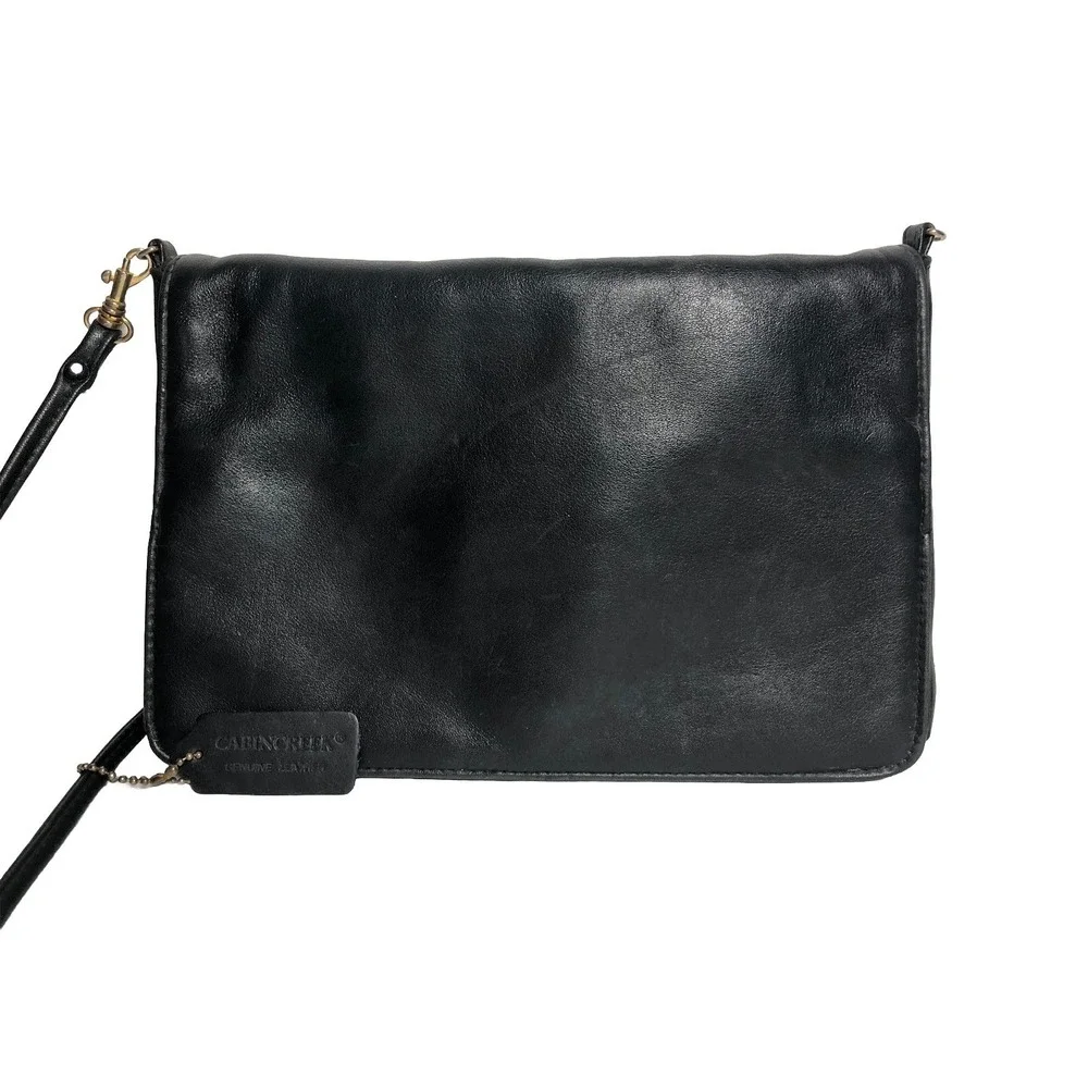 Vtg Y2K Black‎ Leather Shoulder Bag 2000s Cabin Creek Flap Purse SCRATCHED